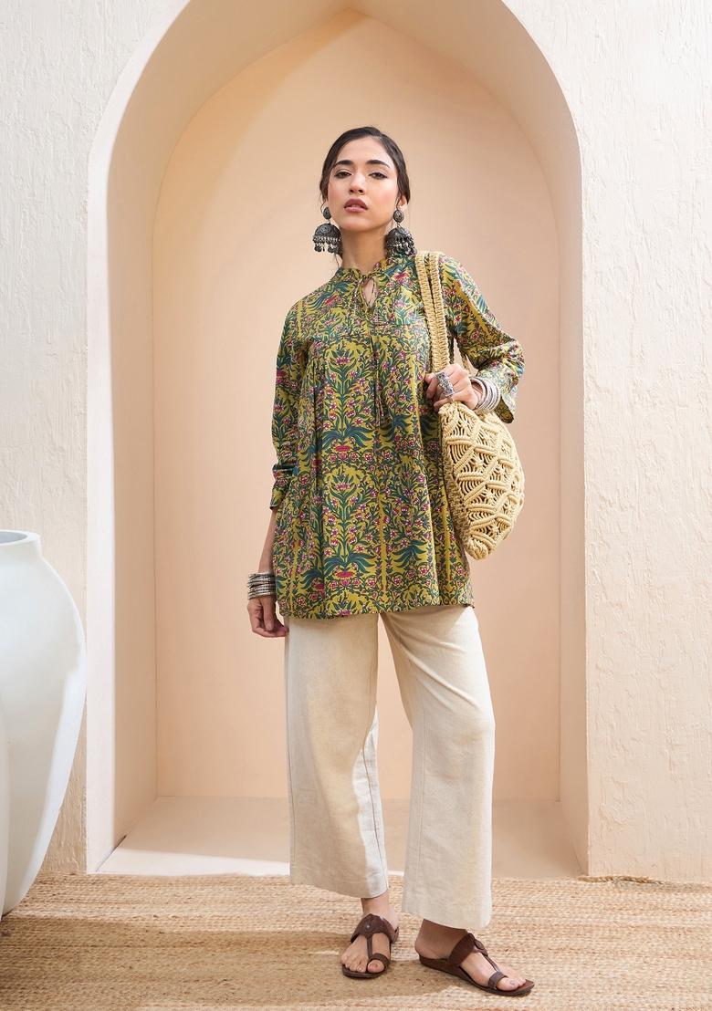 Mustard Yellow Embroidered Cotton Kurti