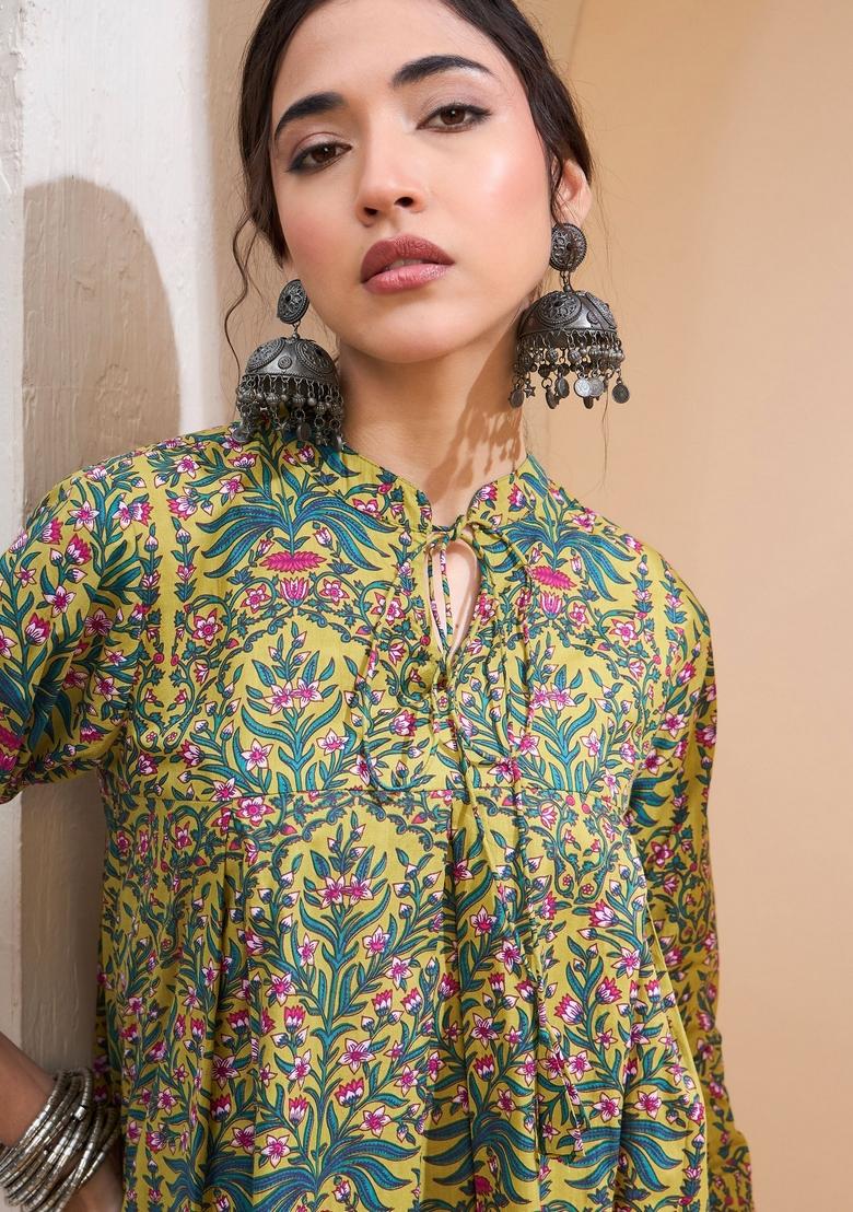 Mustard Yellow Embroidered Cotton Kurti