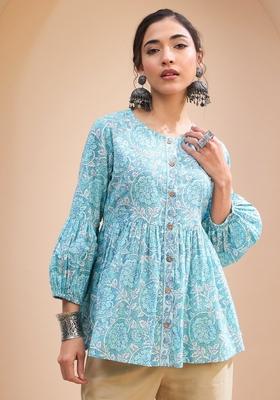 Blue Embroidered Cotton Kurti