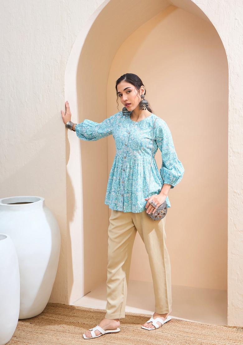 Blue Embroidered Cotton Kurti