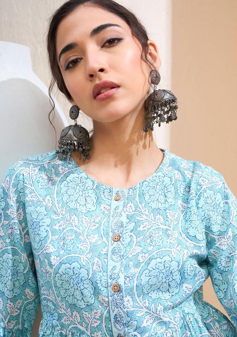 Blue Embroidered Cotton Kurti