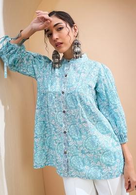 Blue Embroidered Cotton Kurti