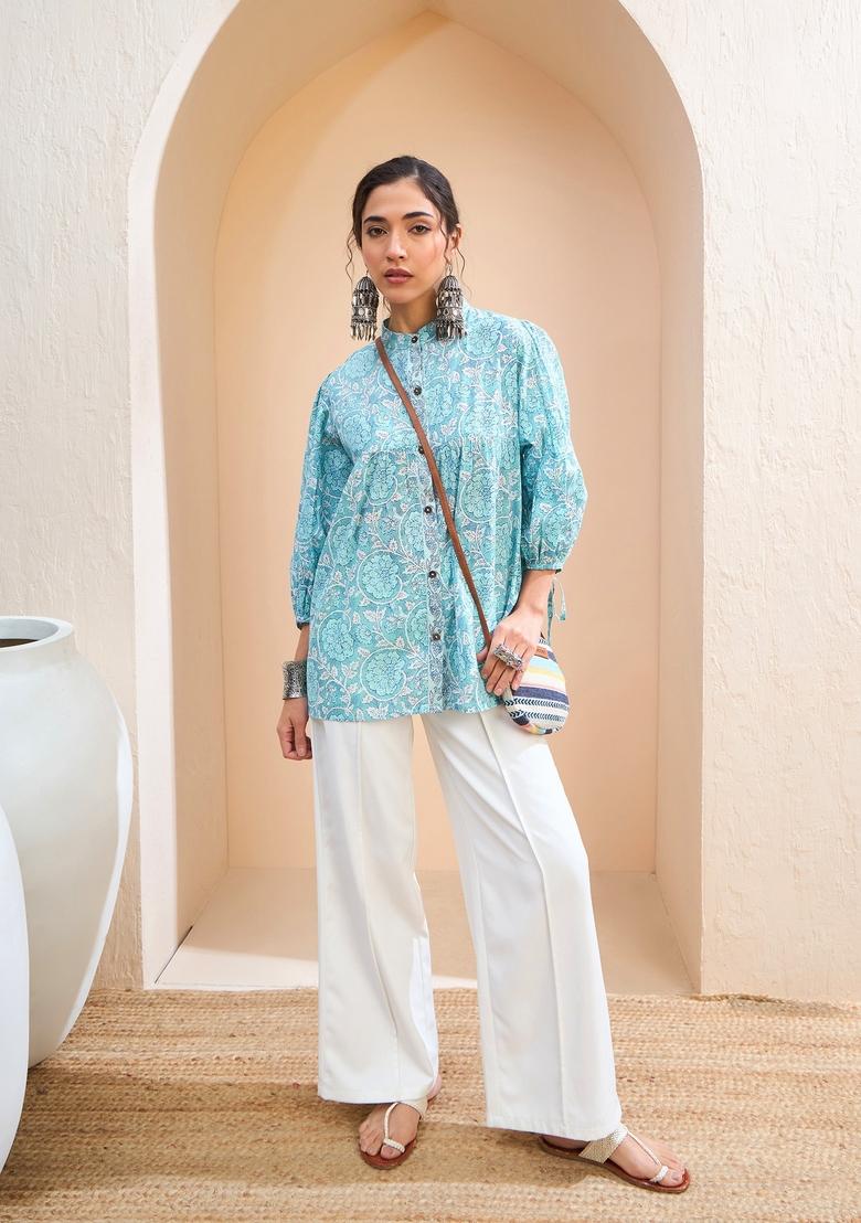 Blue Embroidered Cotton Kurti