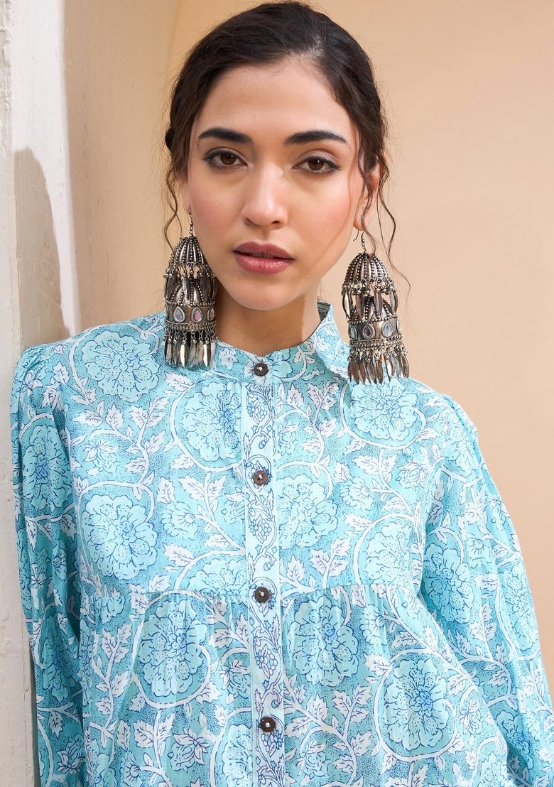 Blue Embroidered Cotton Kurti