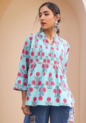 Blue Embroidered Cotton Kurti