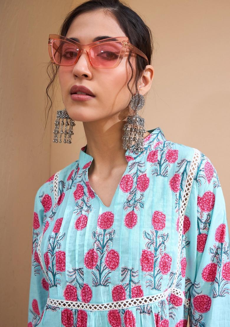 Blue Embroidered Cotton Kurti