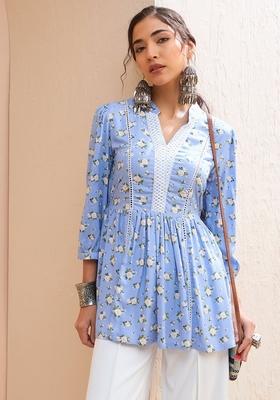 Blue Embroidered Rayon Kurti