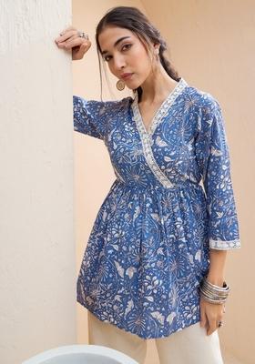 Blue Embroidered Cotton Kurti
