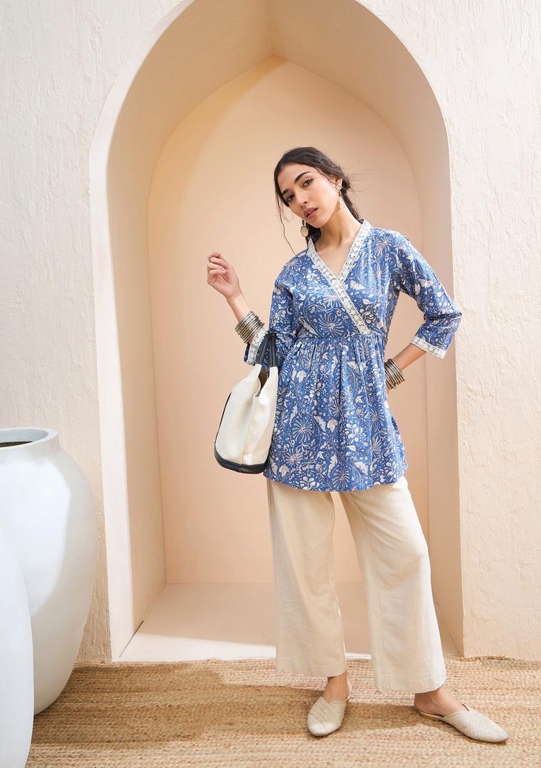 Blue Embroidered Cotton Kurti