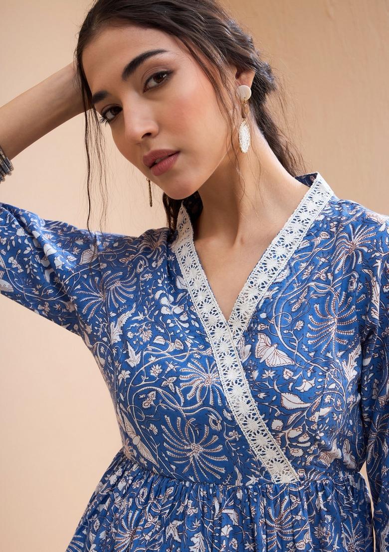Blue Embroidered Cotton Kurti