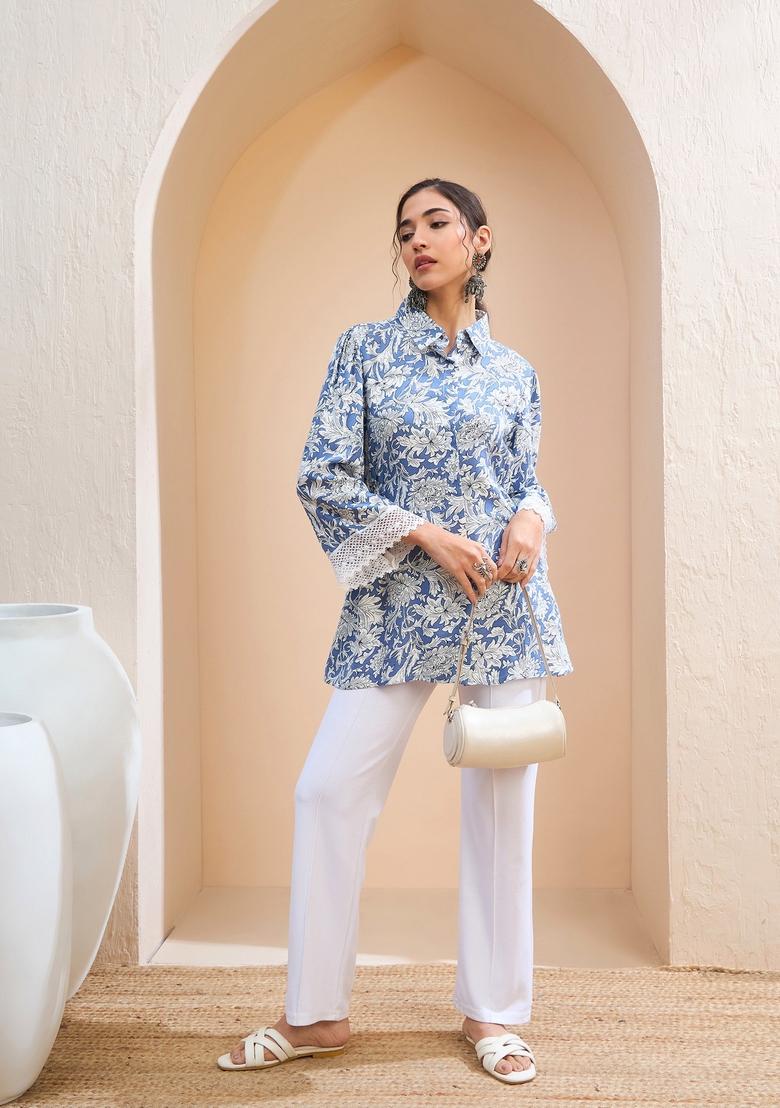 Blue Embroidered Rayon Kurti