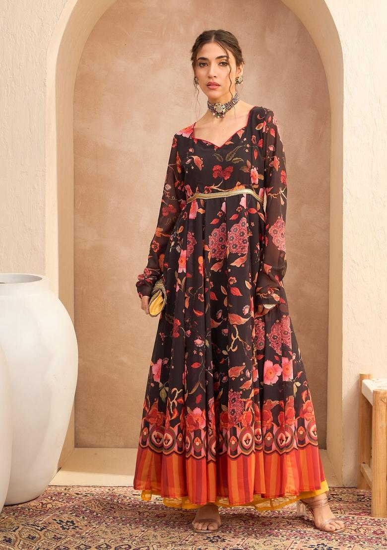 Black Embroidered Polyester Anarkali Kurta
