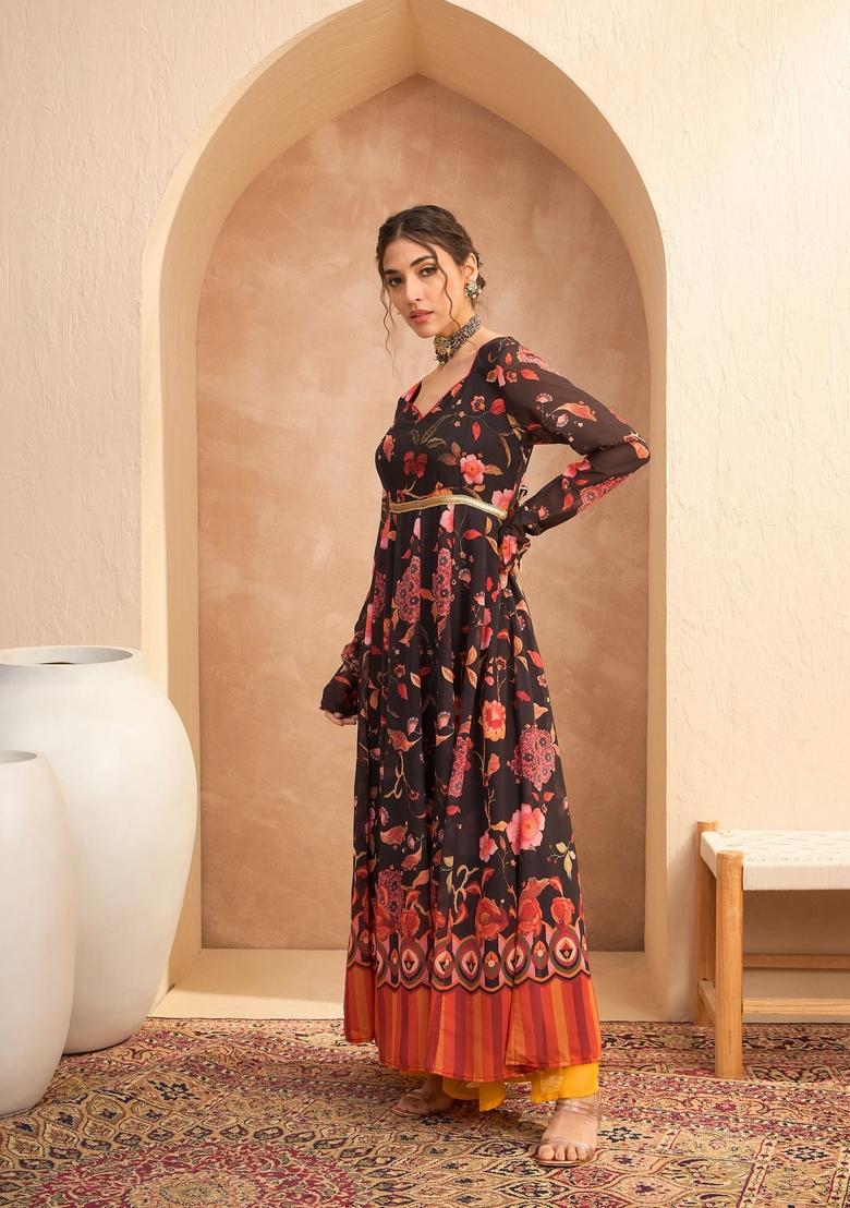 Black Embroidered Polyester Anarkali Kurta