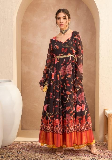 Black Embroidered Polyester Anarkali Kurta