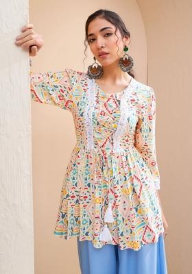 Beige Embroidered Rayon Kurti