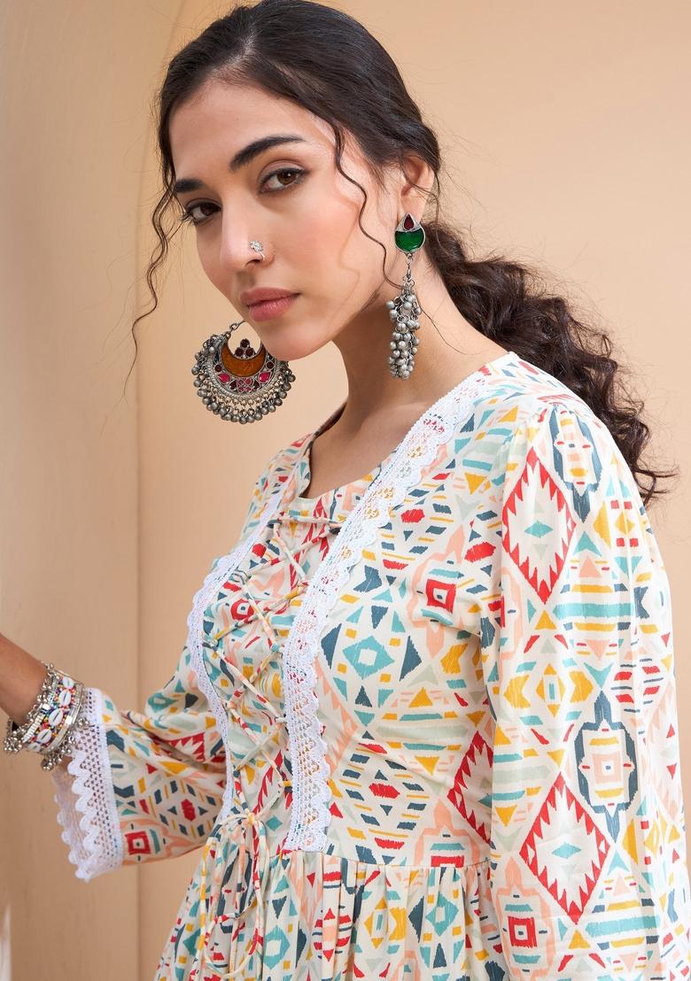 Beige Embroidered Rayon Kurti