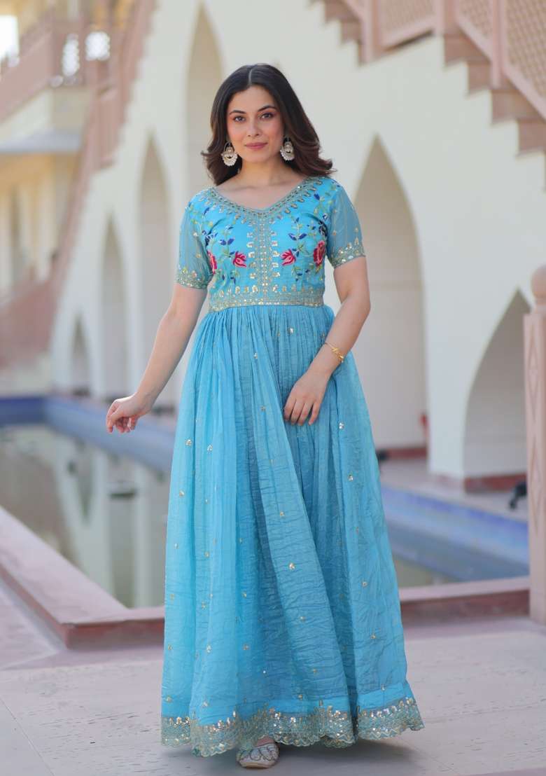 Sky Blue Embroidered Gold Crush Kurta - Indya