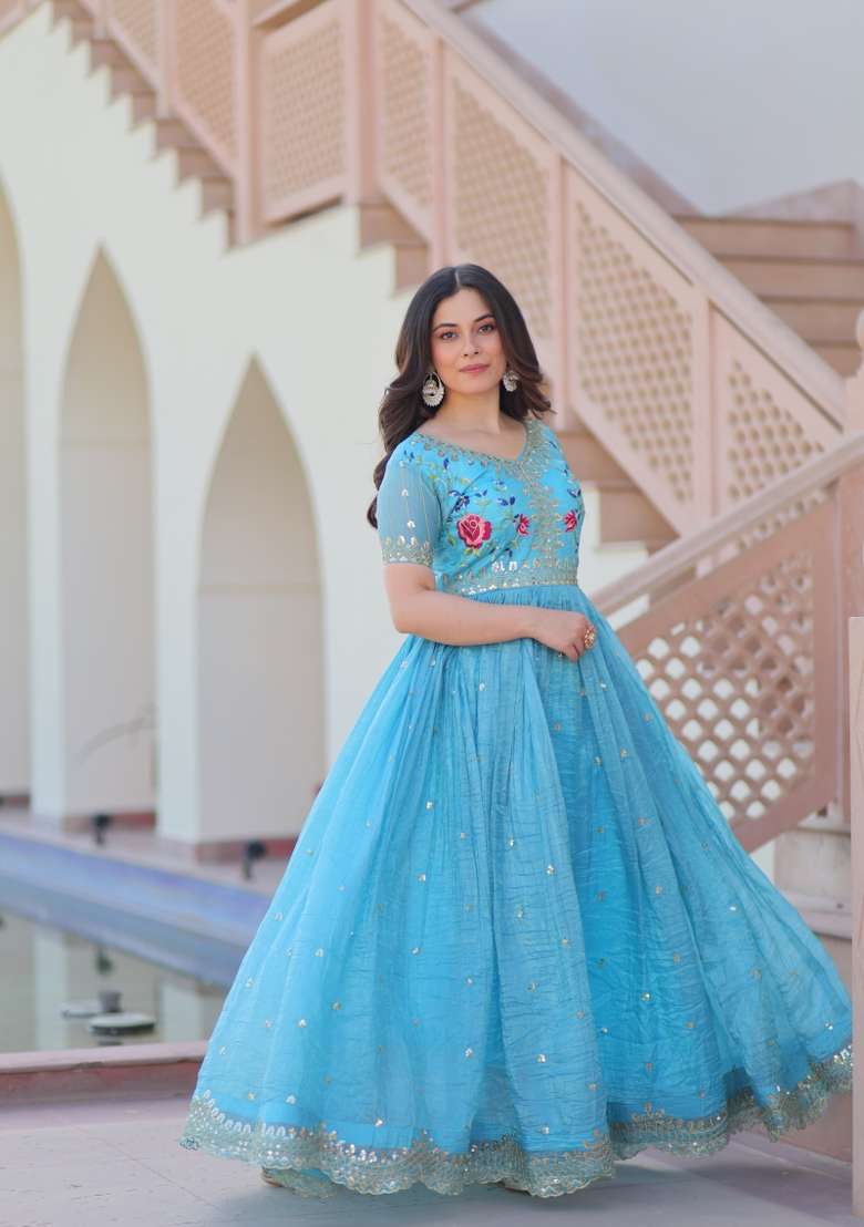Sky Blue Embroidered Gold Crush Kurta - Indya