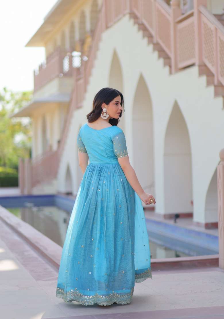 Sky Blue Embroidered Gold Crush Kurta - Indya