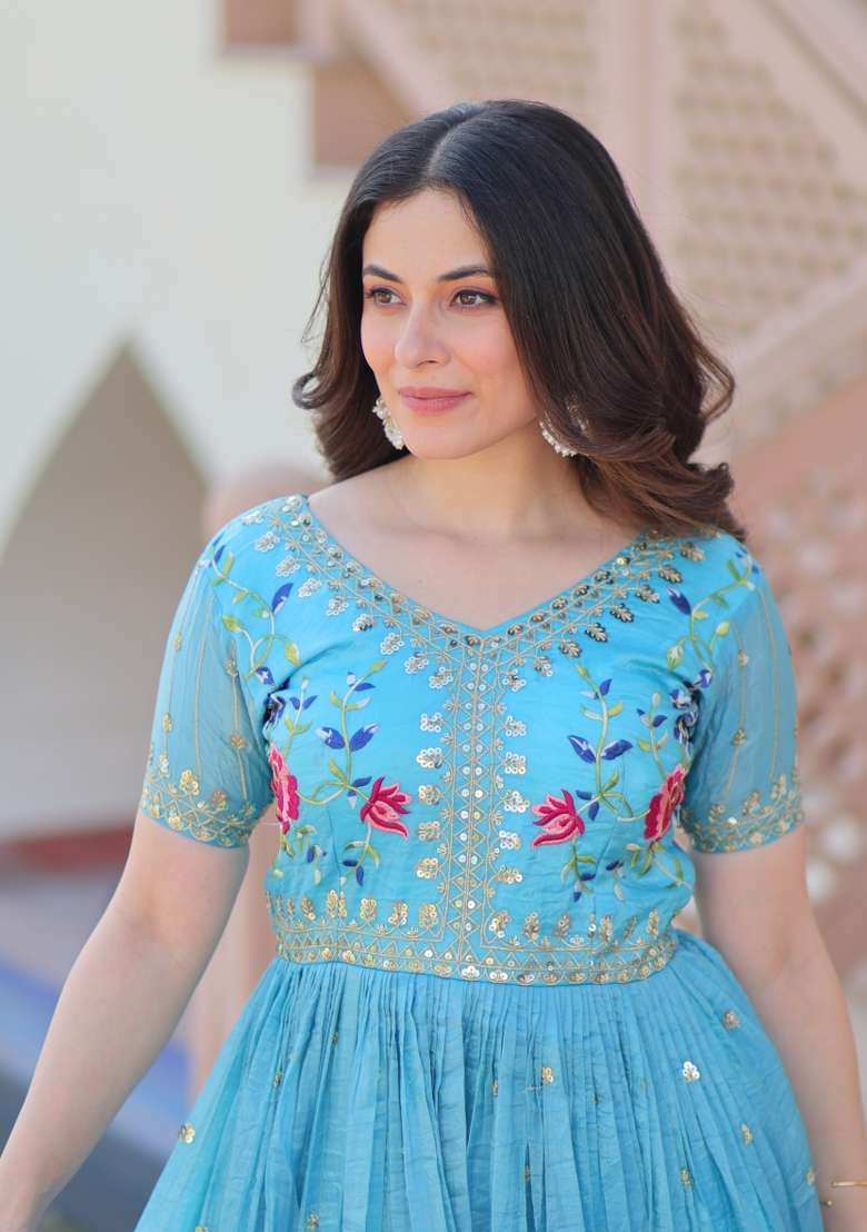 Sky Blue Embroidered Gold Crush Kurta - Indya