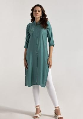 Green Embroidered Rayon Kurta