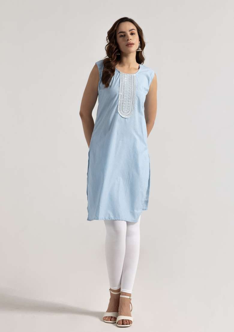 Sky Blue Embroidered Rayon Kurta - Indya