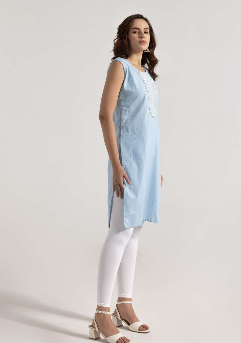 Sky Blue Embroidered Rayon Kurta - Indya