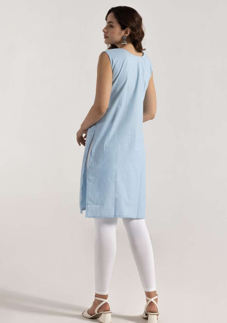 Sky Blue Embroidered Rayon Kurta - Indya