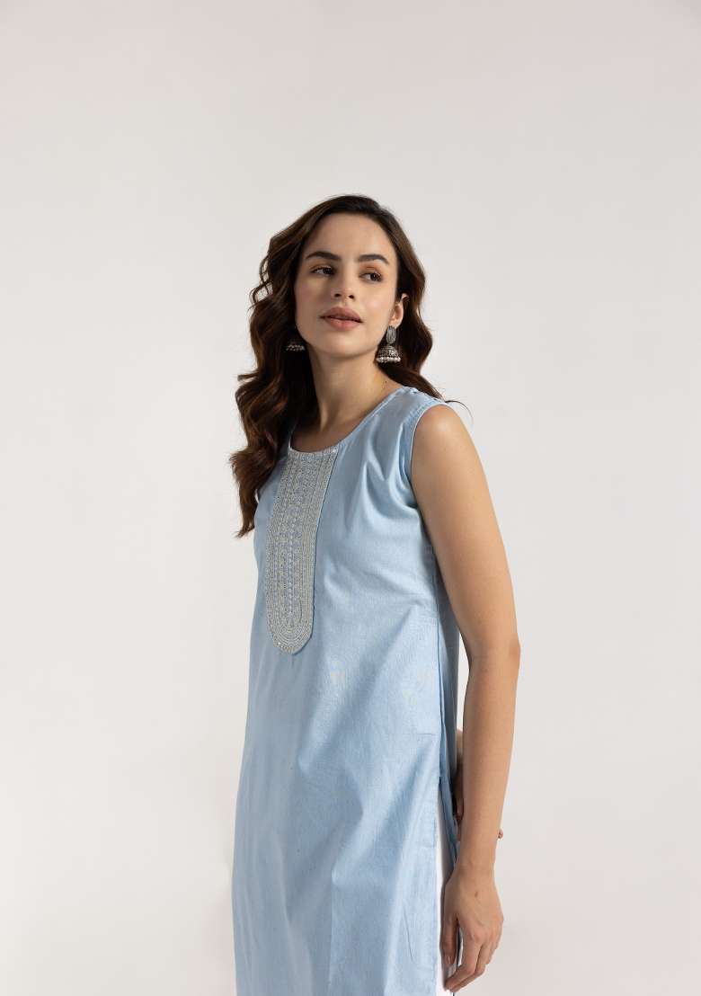 Sky Blue Embroidered Rayon Kurta - Indya