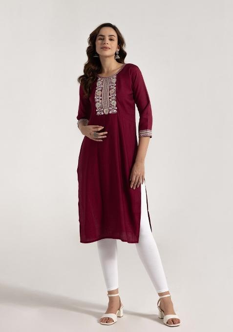 Maroon Embroidered Rayon Kurta