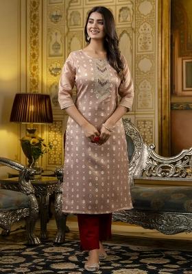 Peach Printed Art Silk Kurta