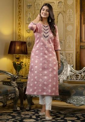 Pink Printed Art Silk Kurta