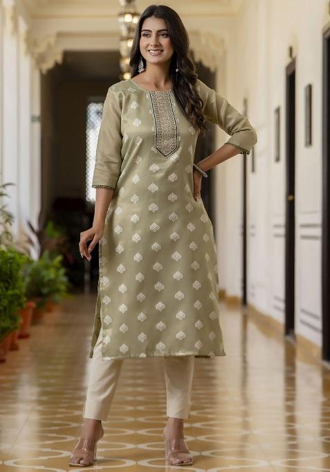 Green Printed Art Silk Kurta