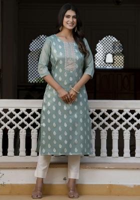 Sea Green Printed Art Silk Kurta