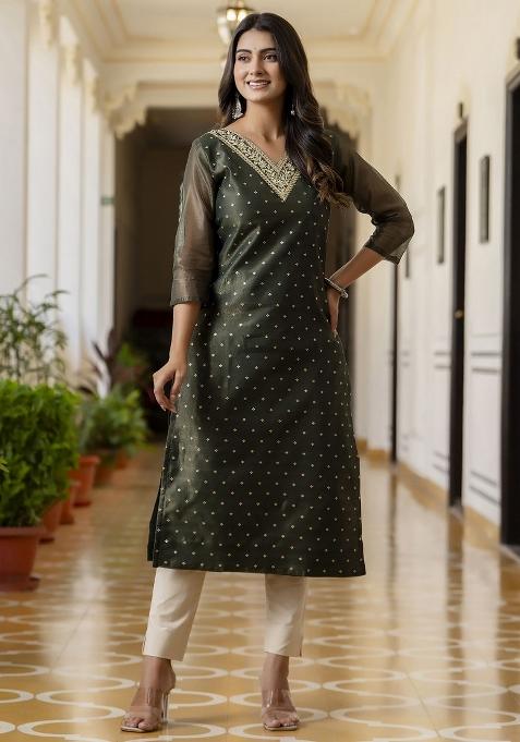 Green Woven Art Silk Kurta