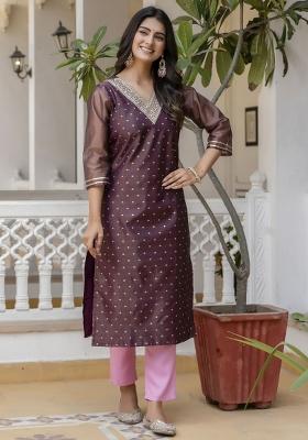 Purple Woven Art Silk Kurta