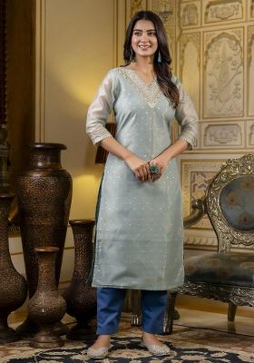 Sea Green Woven Art Silk Kurta