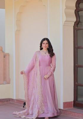 Pink Embroidered Chiffon Anarkali Set With Dupatta