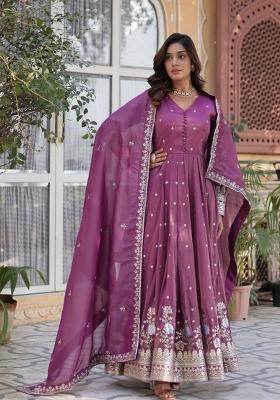 Mauve Embroidered Viscose Anarkali Set With Dupatta