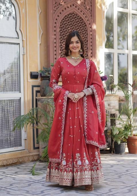 Red Embroidered Viscose Anarkali Set With Dupatta