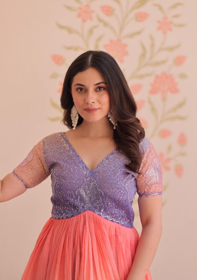 Lavender Embroidered Art Silk Gown - Indya