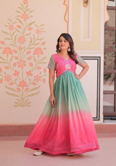 Pink Embroidered Art Silk Gown