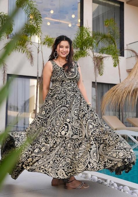Black Printed Rayon Gown