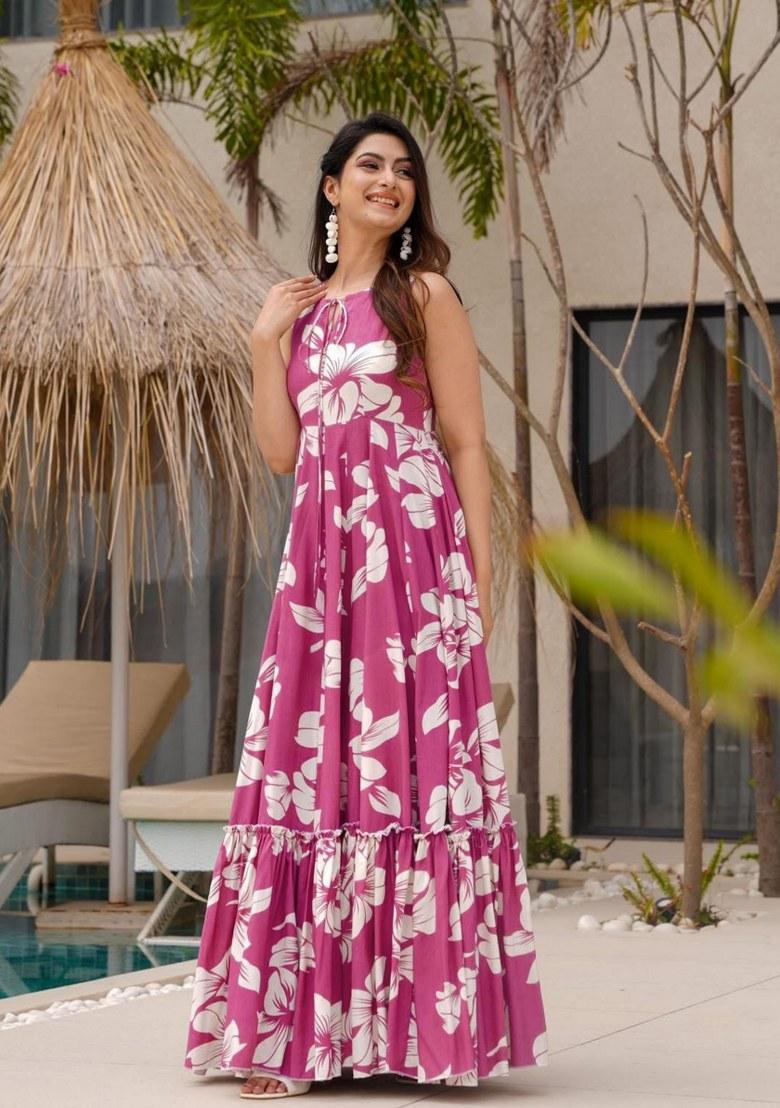 Pink Printed Rayon Gown