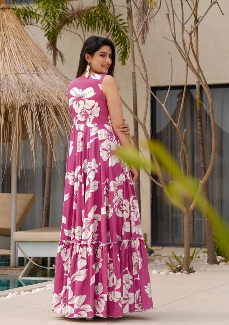 Pink Printed Rayon Gown