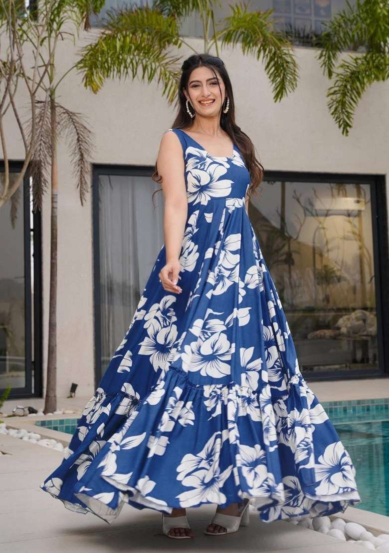 Blue Rayon Gown with Floral Print for Diwali | Wedding & Festive Wear - Indya