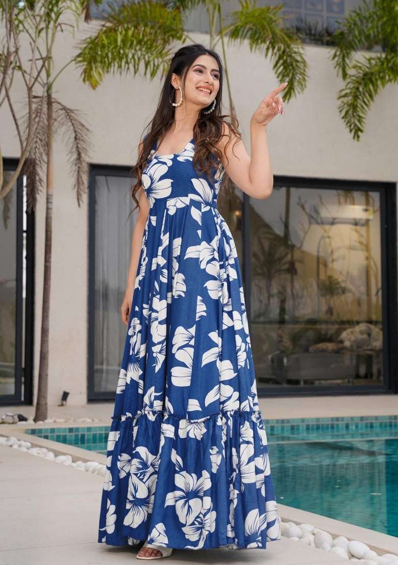 Blue Rayon Gown with Floral Print for Diwali | Wedding & Festive Wear - Indya