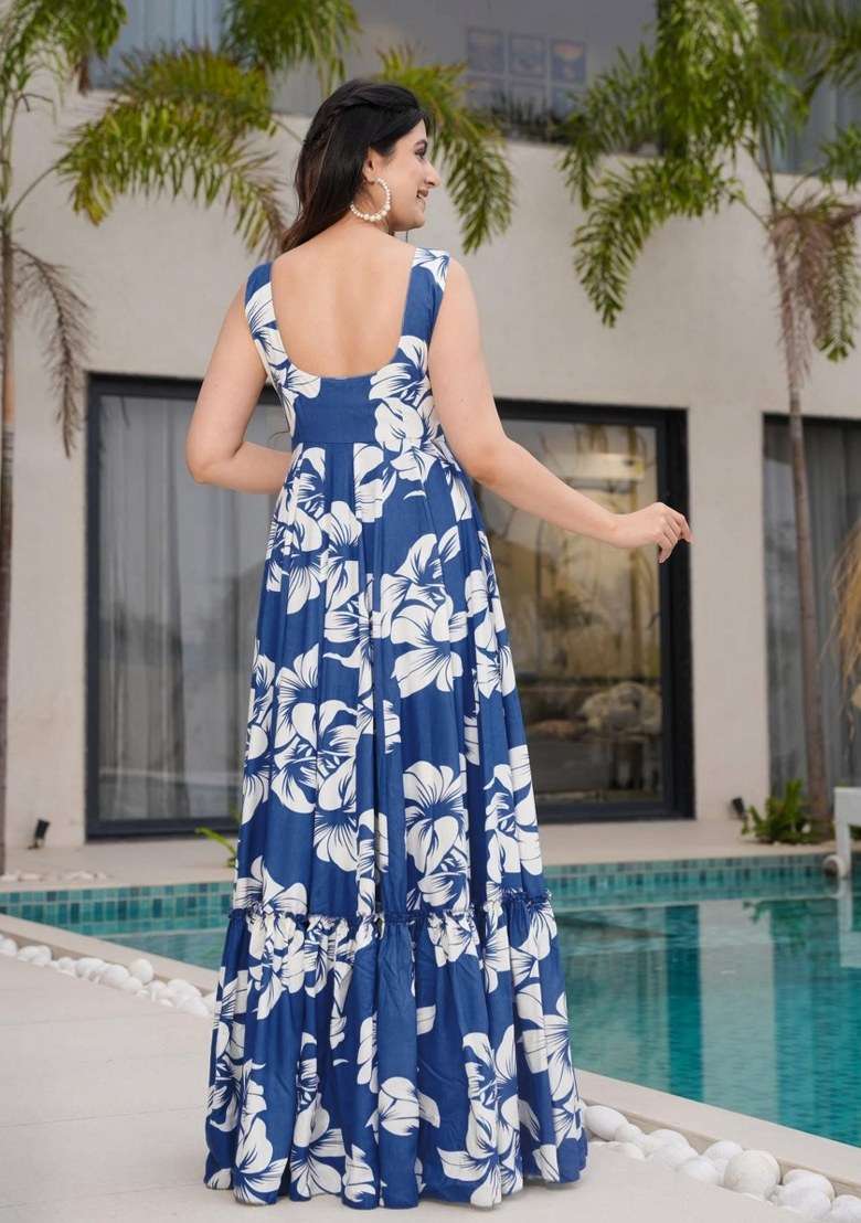 Blue Rayon Gown with Floral Print for Diwali | Wedding & Festive Wear - Indya