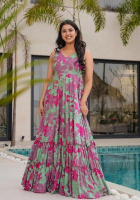 Green Printed Rayon Gown