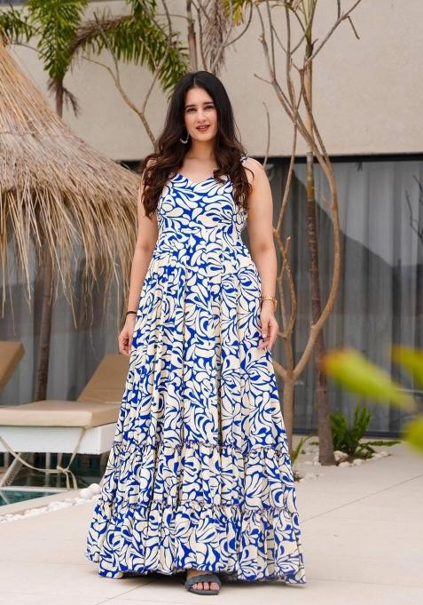 Off White Printed Rayon Gown